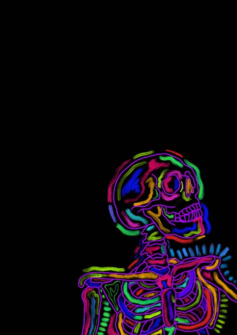 Neon Painting Inspiration, Neon Skeleton Painting, Colorful Skeleton Wallpaper, Neon Skeleton Art, Colorful Skeleton Art, Black Light Mural, Neon Chalk Art, Skeleton Art Aesthetic Dark, Neon Skeleton Wallpaper