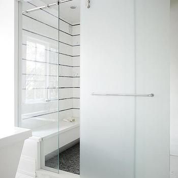 Frosted Glass Sliding Shower Door on Rails Striped Tiles, Frosted Shower Doors, Frosted Glass Shower Door, Frosted Glass Barn Door, Shower Door Designs, Shower Sliding Glass Door, White Barn Door, Striped Tile, Frameless Sliding Shower Doors