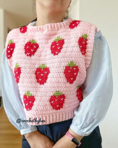 Crochet Strawberry Sweater, Fruit Sweater, Strawberry Clothes, Strawberry Sweater, Crochet Strawberry, Crochet Fruit, Crochet Tapestry, Crochet Vest, Tapestry Crochet