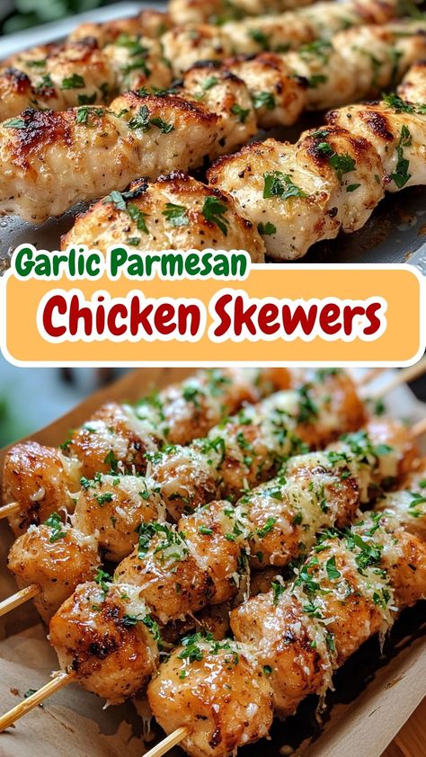 Garlic Parmesan Chicken Skewers Healthy Chicken Skewers, Chinese Chicken Skewers Recipe, Chicken Skewers Appetizers, Chicken On Stick, Skewers In The Oven, Garlic Chicken Skewers, Garlic Parmesan Chicken Skewers, Parmesan Chicken Skewers, Chicken Marinate