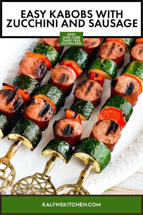 These Easy Kabobs with Zucchini and Sausage might even be the World's Easiest Kabobs, and this is perfect for a no-fuss low-carb dinner! And sausage kabobs are about as easy it gets for something cooked on the grill. [found on KalynsKitchen.com] #EasyKabobs #SausageKabobs #ZucchiniKabobs #ZucchiniSausageKabobs Zucchini And Sausage, Zucchini Sausage, Easy Kabobs, Bbq Kabobs, Grilled Zucchini Recipes, Shish Kebabs, Sausage Kabobs, Grilled Kabob Recipes, Shrimp Kabobs