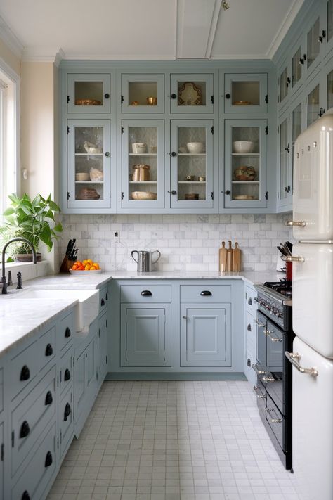 Pale blue kitchens bring a sense of calm and character to any home. This versatile color works well in various styles, from rustic farmhouse to sleek contemporary designs. Whether paired with natural wood accents, vintage fixtures, or modern elements, pale blue adds a fresh touch that brightens the space. In the following examples, you’ll see… Painted Cottage Cabinets, Pale Blue Interior Design, Vintage Blue Kitchen Cabinets, Kitchens With Light Blue Cabinets, French Blue Cabinets, Blue Kitchen Theme, Baby Blue Kitchen Cabinets, Dusty Blue Kitchen Cabinets, Light Blue Cabinets Kitchen