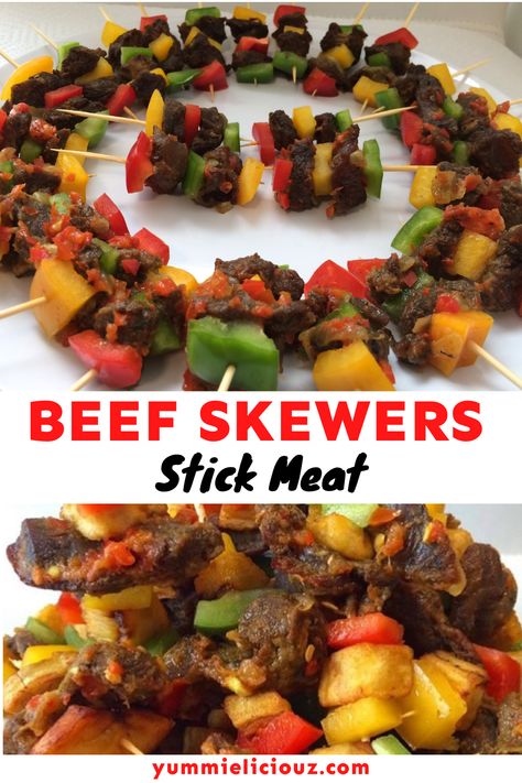 Tender marinated beef skewers with peppers. This stick meat recipe is delicious and perfect for dinner, summer appetizers, game day, or snacking. Beef On A Stick, Appetizers Game Day, 3 Ingredient Dinners, Summer Appetizers, Quick Delicious Dinner, Steak Kebabs, Dinner Summer, Beef Skewers, Recipe Beef