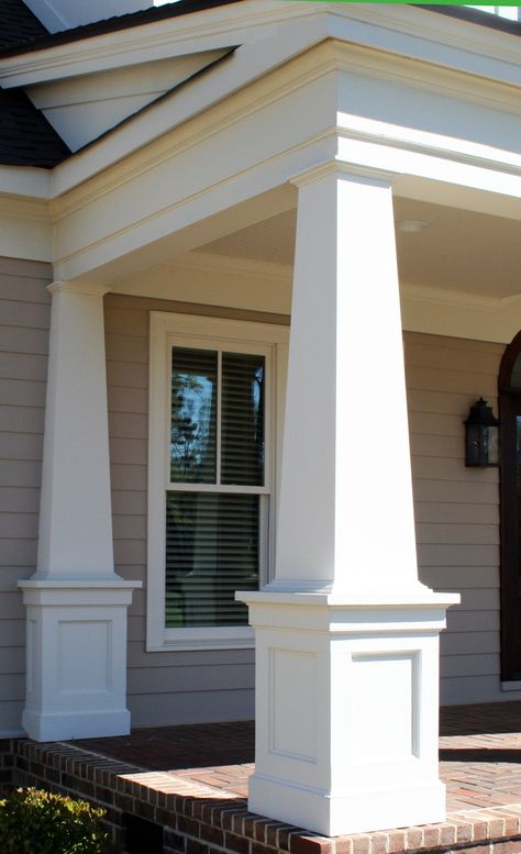 I love the horizontal/roof line trim work on this! The columns aren't my cup of tea. Front Porch Pillars, Craftsman Columns, Craftsman Style Porch, Front Porch Posts, Porch Pillars, Craftsman Porch, Exterior Columns, Veranda Design, Front Porch Columns