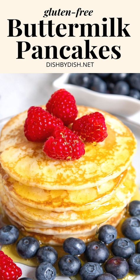 Easy gluten-free buttermilk pancakes that are a cinch to whip up. They taste amazing with a drizzle of maple syrup and fresh berries, and are a great breakfast or dessert. Dairy-free option too. Gluten Free Buttermilk Pancakes, Healthy Breakfast Recipes Clean Eating, Delicious Healthy Breakfast Recipes, King Arthur Gluten Free, Freeze Pancakes, Pancake Recipe Buttermilk, Dairy Free Cream, Healthy Eating Breakfast, Healthy Breakfast Recipes Easy