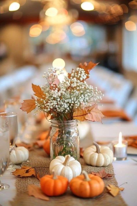 November Reception Ideas, Fall Candle Centerpieces Wedding, Mums Wedding Flowers Centerpiece Ideas, Diy Rustic Bridal Shower Decorations, Fall Pumpkin Centerpieces Wedding Table Decorations, Fall Flowers Decorations, Small Fall Wedding Ideas Simple, Mum Table Centerpieces, Simple Pumpkin Centerpieces