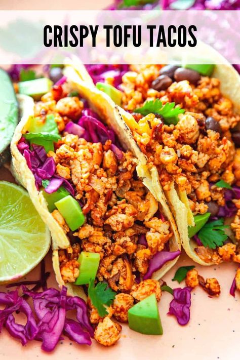 These easy tofu tacos are made with crispy, salty, perfectly seasoned tofu crumbles. The tofu has a perfect balance of salty, sweet and smoky flavors that taste incredible with black beans, avocado and all your favorite taco fixings. Tofu Crumbles, Taco Fixings, Seasoned Tofu, Easy Tofu, Tofu Tacos, Crispy Tofu, Bean Curd, Taco Recipes, Tofu Recipes