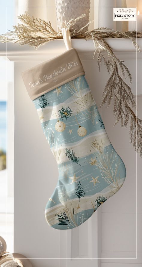 Beige Christmas Tree Decor, Beige Christmas Tree, Coastal Christmas Stockings, Seaside Christmas, Living Room Christmas Decor, Beige Christmas, Room Christmas Decor, Living Room Christmas, Gift Inspo