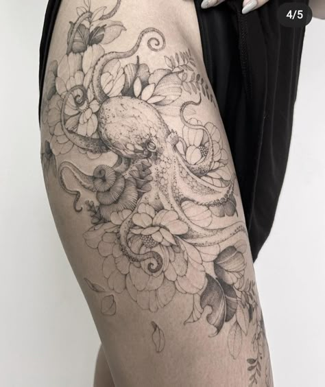 Octopus Thigh Tattoos, Island Tattoo, Kl Malaysia, Octopus Tattoo Design, Octopus Tattoos, Knuckle Tattoos, Ocean Tattoos, Hip Tattoos Women, Floral Tattoo Sleeve