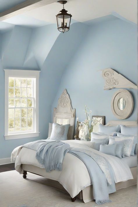 Pale Blue Paint Colors Bedroom, Sky Blue Walls, Pale Blue Room Aesthetic, Sky Blue Paint Colors For Bedroom, Barely Blue Paint Wall Colors, Light Blue Living Room Walls, Pastel Wall Color Ideas, Sky Blue Wall Paint Bedrooms, Light Blue Room Aesthetic