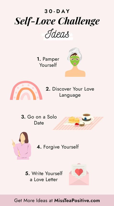 How to love yourself first? Here is the ultimate list of 30-day self-love challenge ideas! These 30 ways to practice self love every day include simple self love activities for women at home, fun tips to start loving yourself all over again for teenagers, easy Valentines Day activities to promote self love & happiness, monthly challenge ideas to plan your next 30 days and all the little things you can do to practice self love, whether it's February or March! Monthly Challenge Ideas, Love Activities, Start Loving Yourself, Challenge Ideas, Practicing Self Love, Personal Growth Motivation, Love Challenge, Valentines Day Activities, Self Love Affirmations