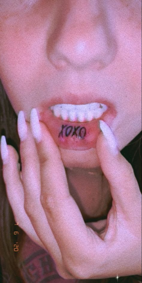 Xoxo Lip Tattoo, Inner Lip Tattoo Words, Under Lip Tattoo, Bottom Lip Tattoo, Lip Tats, Lip Tattoo Ideas, Xoxo Tattoo, Inside Lip Tattoos, Inner Lip Tattoo