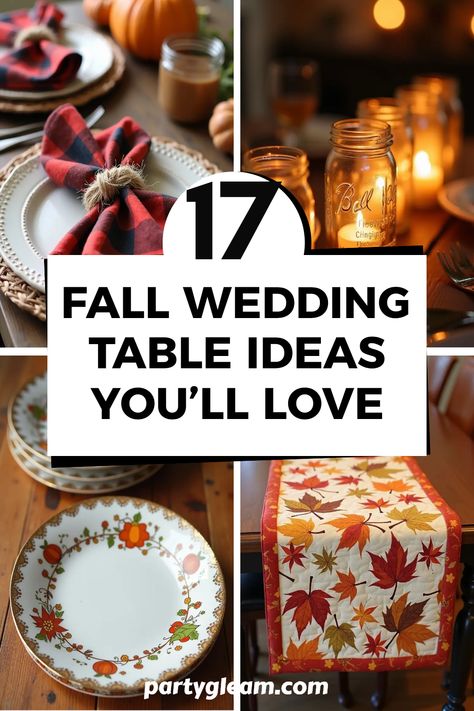 17 delightful fall wedding table decor ideas that will make your autumn celebration truly unforgettable! From cozy plaid napkins tied with rustic ribbons to charming mason jar candle holders that set the perfect mood, each idea captures the essence of the season. Don’t miss sophisticated vintage china place settings or beautiful autumn-inspired table runners that scream fall elegance. Enjoy these unique looks and tips to create an enchanting autumnal wonderland for your big day. Fall Wedding Table Ideas, China Place Settings, Wedding Table Decor Ideas, Jar Candle Holders, Fall Jars, Fall Wedding Table Decor, Wedding Table Ideas, Edible Centerpieces, Autumn Celebration