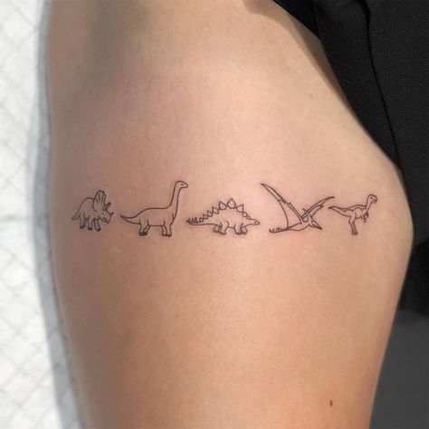 Teeny dinosaurs   for Mia! Thank you so much for having me tattoo ur cute designs on you! @hunterandfoxtattoo  #finelinetattoo #tattoo… Animal Tattoo Designs, Tier Tattoo, Tattoo Diy, Dinosaur Tattoos, Shape Tattoo, Disney Tattoo, Tiny Tattoo, Tattoo Women, Celtic Tattoos