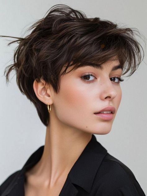 Long Wavy Pixie Haircut, Short Hairstyle Women Pixie Cut, 60s Pixie Haircut, Short Pixie Hairstyle Women, Pixie 2024, Pretty Haircuts, Feminine Short Hair, Brunette Pixie, Curly Pixie Haircuts