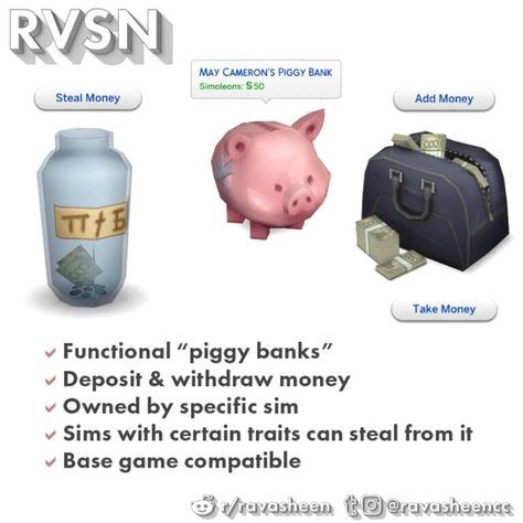 RAVASHEEN - In Your Safe Piggy Banks Sims 4 Food Clutter Functional, Sims 4 Functional Cc, Sims 4 Functional, Los Sims 4 Mods, Sims 4 Traits, Sims 4 Cas Mods, Cc Furniture, The Sims 4 Packs, Sims 4 Children