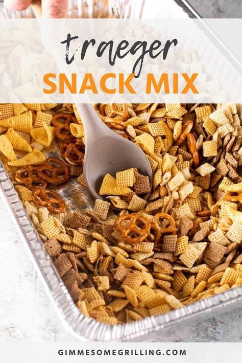 Snack mix that is smoked on your Traeger. It will be your favorite recipe to make when hosting friends and family for the game or holidays! #traeger #recipe Easy Snack Mix, Traeger Cooking, Traeger Grill Recipes, Seasoned Butter, Sweet Pork, Chex Mix Recipes, Traeger Recipes, Pellet Grill Recipes, Electric Smoker