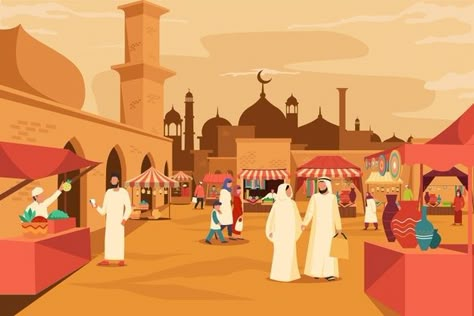 Arab bazaar with mosque behind market | Free Vector #Freepik #freevector #sale #shop #human #street Arabic Illustration Design, Arabian Restaurant, Arabic Illustration, Quran Stories, Islamic Illustration, Teen Book, Ramadan Kareem Decoration, Idul Adha, Ramadan Background