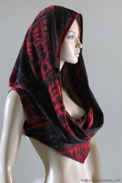 Hoodie Scarf, Goth Steampunk, Cowl Top, Solid Red, Grunge Goth, Neck Hoodie, Red And Grey, Goth Fashion, Black Crop