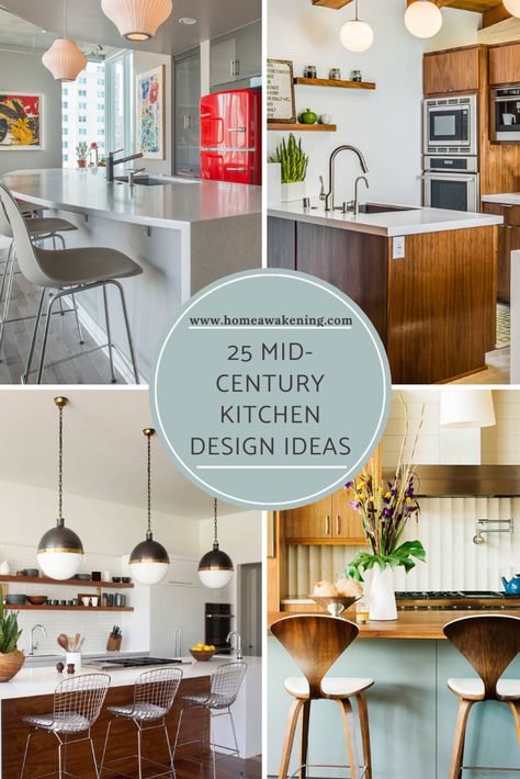 25 fun mid-century kitchen designs in photos #kitchen #midcentury #homedesign Kitchen Backsplash Mid Century Modern, Mid Century Farmhouse Kitchen, Mid Century Kitchen Design, Midcentury Kitchen Remodel, Mid Century Decorating Ideas, Mid Century Kitchen Cabinets, Kitchen Midcentury, Midcentury Modern Kitchen, Mid Century Modern Kitchen Remodel