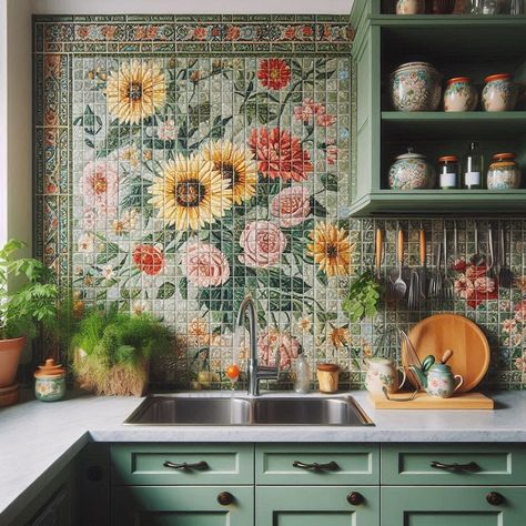 Mosaic Glass Tiles, Mosaic Murals, Glass Mosaic Artwork Flower Kitchen Tile, Mosaic Countertop Kitchen, Flower Tile Kitchen, Flower Backsplash Kitchen, Floral Backsplash Kitchen, Kitchen Splashback Ideas Tiles, Mosaic Tiles Kitchen, Tiles Kitchen Wall, Kitchen Tile Mosaic