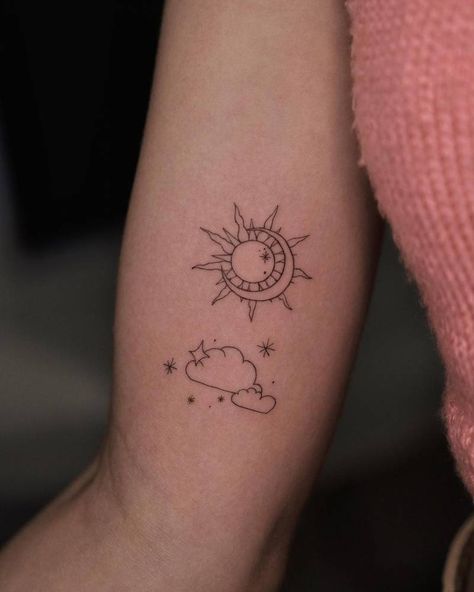 Sun Moon Star Cloud Tattoo, Sun And Moon Tattoo Ribs, Sun Moon Clouds Tattoo, Sun Moon Heart Tattoo, Elegant Moon Tattoo, Sun And Moon Tattoo Together, Sun Moon Stars Clouds Tattoo, Sun Moon Arm Tattoo, Sun Moon Cloud Tattoo