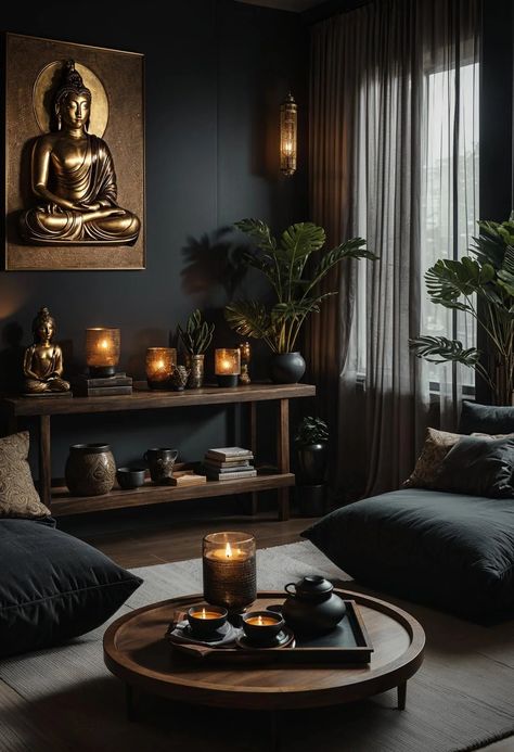 Black Boho Room Ideas, Dark Boho Studio Apartment, Dark Spiritual Room Aesthetic, Masculine Boho Decor, Dark Boho Interior, Dark Living Room Decor Ideas, Moody Meditation Room, Dark Zen Bedroom, Dark House Ideas