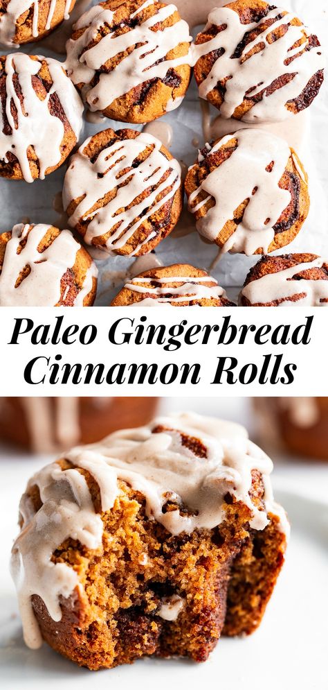 Gingerbread Cinnamon Rolls {Paleo, Gluten Free} Paleo Rolls, Paleo Christmas Recipes, Gingerbread Cinnamon Rolls, Paleo Cinnamon Rolls, Paleo Baking Recipes, Paleo Gingerbread, Paleo Christmas, Whole 30 Dessert, Paleo Breads