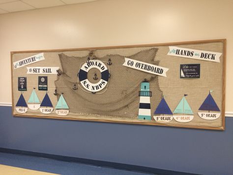 Nautical Bulletin Board Nautical Bulletin Boards Back To School, Lake Bulletin Board Ideas, All Hands On Deck Bulletin Board, Nautical Theme Bulletin Board, Nautical Classroom Door Ideas, Starfish Bulletin Board Ideas, Sailing Bulletin Board Ideas, Coastal Theme Classroom, Nautical Bulletin Board Ideas