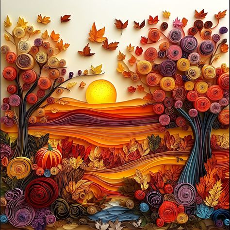 paper quilling, fall theme, fall colors, high detail, leaves, pumpkins, trees Paper Quilling Landscape, Quilling Trees, Quilling Frames, Quilled Tree, Paper Filigree, Quilled Paper Art, Mixed Media Crafts, Paper Quilling Designs, Fall Theme