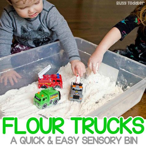 Need a quick and easy sensory bin? You've got to try flour trucks! A great indoor activity for toddlers and preschoolers. A great rainy day activity! Toddler Sensory Bins, Rainy Day Activity, Transportation Activities, Indoor Activities For Toddlers, Activity For Toddlers, Easy Toddler Activities, Eyfs Activities, Sensory Activities Toddlers, Nursery Activities