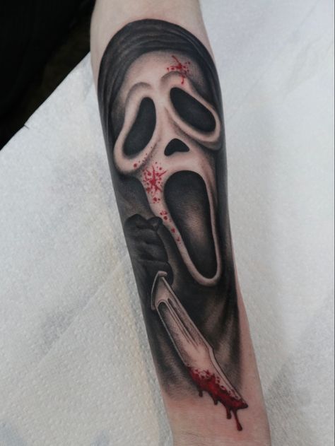 The Scream tattoo ghostface Scream Horror Tattoo, Ghostface Sleeve Tattoo, Scream Hand Tattoo, Spooky Shoulder Tattoo, Ghost Face Tattoo Ideas, The Scream Tattoo, Ghostface Tattoo Stencil, Scream Face Tattoo, Scream Tattoo Ideas