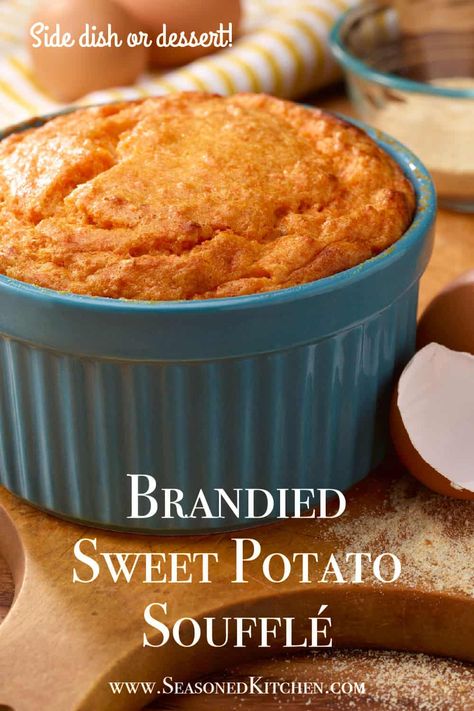 Brandied Sweet Potato Soufflé is a showstopper out of my mom's recipe files, that can be served as either a side dish or dessert. The flavor of the sweet potatoes is enhanced by roasting, then adding in brandy, milk, butter, nutmeg, lemon zest and eggs. The end result is the perfect amount of sweetness - with no added sugar! #soufflerecipes #sweetpotatorecipes #brandiedsweetpotatodishes #thanksgivingsides #holdaysidedishes Sweet Potato Souffle Recipes With Canned Yams, Sweet Potato Souffle Recipes Easy, Thanksgiving Dinner Side Dishes, Make Ahead Thanksgiving Recipes, Sweet Potato Soufflé, Make Ahead Thanksgiving, Potato Souffle, Chocolate Oatmeal Bars, Sweet Potato Dishes