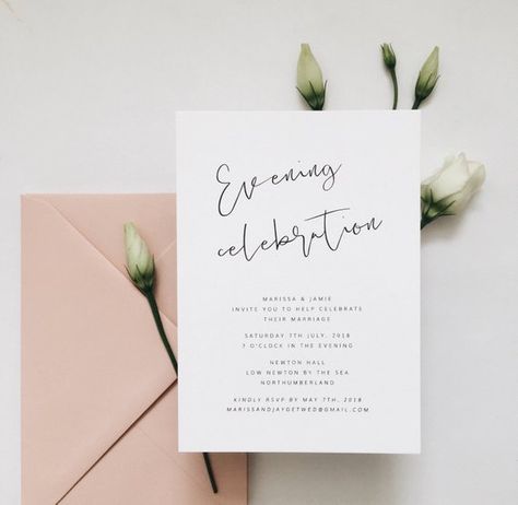 Azalea Evening Wedding Invitation Minimal Wedding | Etsy Bridal Shower Ideas Simple, Evening Bridal Shower Ideas, Second Wedding Invitations, Reception Invites, Wedding Invitation Wording Examples, Calligraphy Vows, Destination Wedding Themes, Evening Wedding Invitations, Leg Anatomy