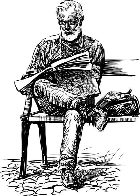 Man reads a newspaper. Vector drawing of an old man reading a newspaper on a ben #Sponsored , #ad, #sponsored, #reads, #Vector, #reading, #newspaper News Paper Illustration, Reading Newspaper Drawing, Old Man Reading Newspaper, Old Man Reading, Man Reading Newspaper, Newspaper Drawing, Town Drawing, Reading A Newspaper, Landscape Pencil Drawings