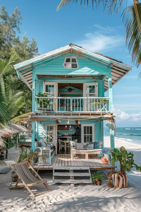 Mermaid House Exterior, Island Cottages Tropical, Tropical Home Aesthetic, Cute Beach House, Small Beach Cottage, Beachside House, Tropical Beach Houses, Small Beach Houses, Dream Life House