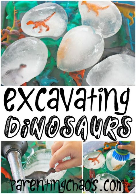 Excavating Dinosaurs from Ice Dinosaur Ice Eggs, Frozen Toys In Ice, Dinosaur Eggs Diy, Dinosaur Stem Activities Preschool, Dinosaur Science Experiments, Dinosaur Stem Activities, Fizzy Dinosaur Eggs, Frozen Dinosaur Eggs, Dinosaur Lesson