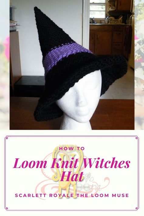 Click to get the video on how to make this witches hat on the loom!!! #loomknitting #loomknit #hat #pointyhat #witcheshat Circle Loom Projects Easy, Loom Knit Halloween, Round Loom Knitting Projects, Wizard Hat Pattern, Alternative Knitting, Wizards Hat, Loom Knitting Patterns Free, Loom Knitting Patterns Hat, How To Loom Knit