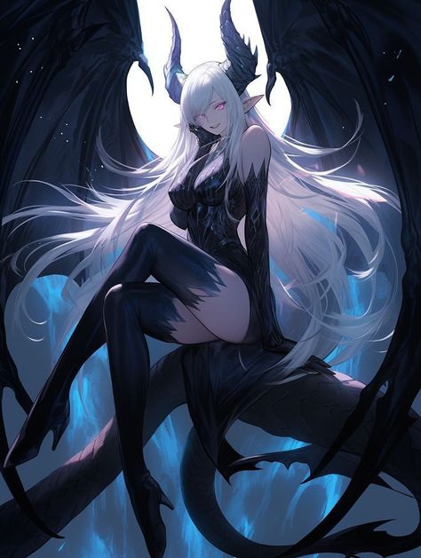 Dragon Woman, D N Angel, Fantasy Demon, 캐릭터 드로잉, Demon Art, Dragon Drawing, Disney Princesses, White Hair, Dark Fantasy Art