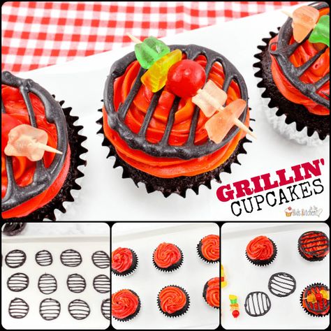 Block Party Cupcakes, Barbecue Cupcakes, Bbq Treats, Bbq Cupcakes, Grill Cupcakes, Red Frosting, Bbq Dessert, Summer Grill, Cupcake Piping