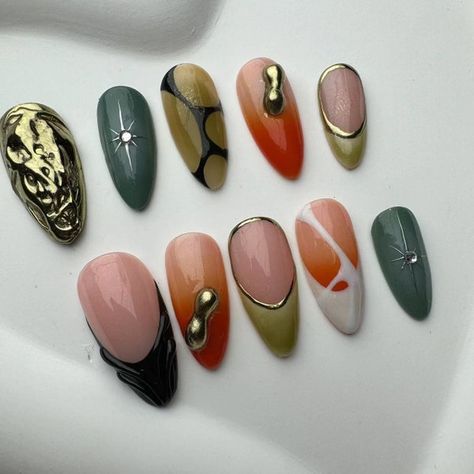 WGnails - Etsy Jade And Gold Nails, Nail Press On, Darker Nails, Japan Inspired Nails, Unique Fall Nails, Hand Drawn Nails, Almond Nails Y2k, Long Nails Almond, Japan Nails