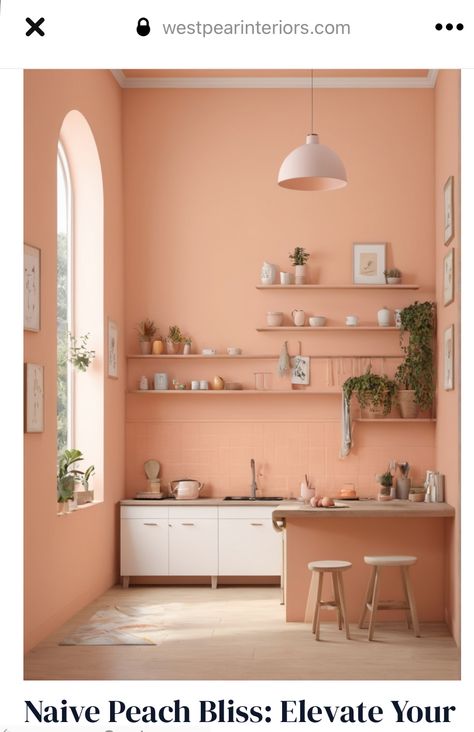 Peach Colour Room Bedrooms, Peach Laundry Room, Peach Color Kitchen, Peach Wall Paint, Peach Bedrooms, Peach Colored Rooms, Peach Interior Design, Laundry Idea, Interiors 2024