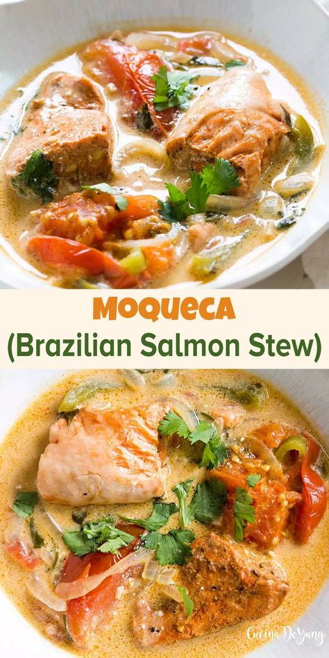 Moqueca (Brazilian Salmon Stew) – CUCINADEYUNG Brazilian Salmon, Salmon Stew Recipe, Marinate Salmon, Fish Dishes Recipes, Brazilian Fish Stew, Salmon Soup, Fish Stew Recipes, South American Recipes, Coconut Milk Soup