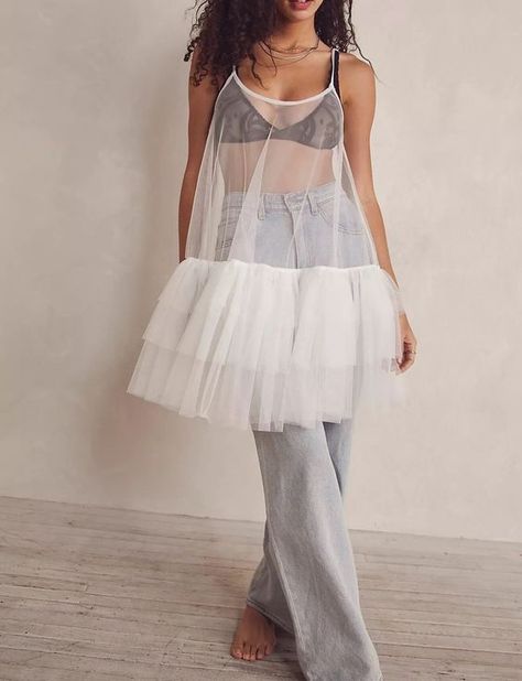 Tulle Slip Dress, Tulle Fashion, Slip Dress White, Sheer Overlay Dress, Slip Wedding Dress, White Slip Dress, White Boho Dress, Dress Tulle, Mini Slip