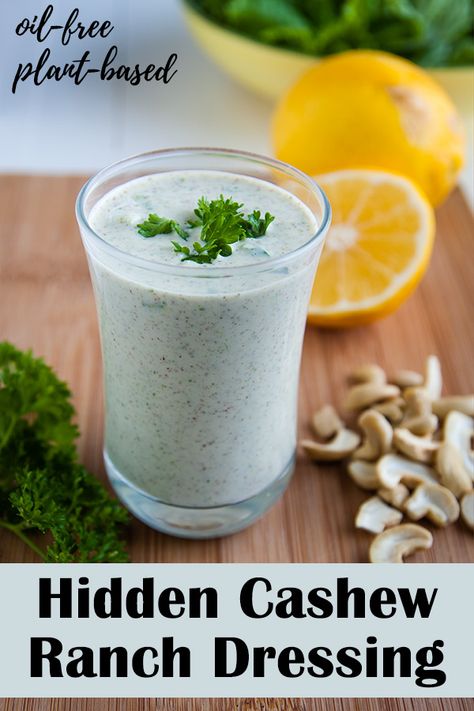 Cashew Ranch Dressing: This oil-free vegan dressing gets its creaminess from cashews. It's delicious but contains less than 30 calories per 2-tablespoon serving. #wfpb Cashew Ranch Dressing, Low Calorie Vegan Meals, Veggie Dish Recipes, Fat Free Recipes, Low Fat Vegan Recipes, Clean Eating Vegetarian Recipes, Vegan Dressings, Nutritarian Recipes, Fat Free Vegan