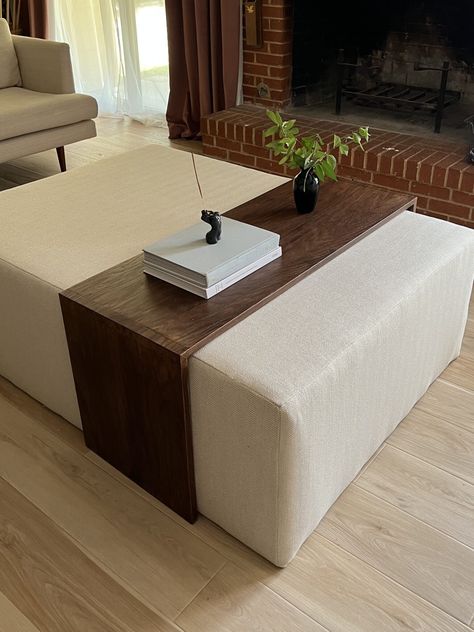 DIY Coffee Table Ottoman - findmaggiemay.com Diy Fabric Ottoman Coffee Table, Upholstered Ottoman Diy, Ottoman With Wood Overlay, Ottoman Overlay Table, Ottoman With Coffee Table, Diy Upholstered Cube Ottoman, Make Ottoman Diy, Large Fabric Ottoman, Ottoman Placement Living Room