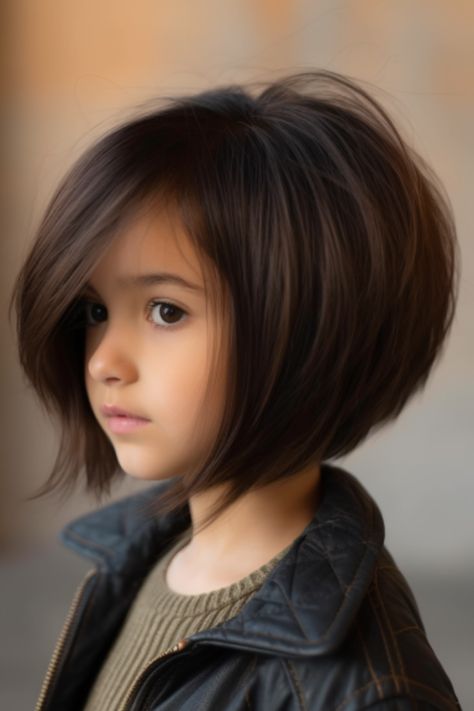 For those who desire a haircut for young girls, an edgy asymmetrical bob is perfect. The asymmetry of this style gives it a touch while still retaining elements of the classic bob haircut in its foundation. Click here to check out more adorable short hairstyles for little girls. Short Haircuts For Kids Girls Ideas, Bob Haircut For Girls Kids, Bob Hairstyles For Girls Kids, Girl Bob Haircut Kids, Kids Girls Haircuts, Kids Haircut For Girls Short, Girls Haircut Kids, Girls Short Haircut Kids, Baby Girl Haircut