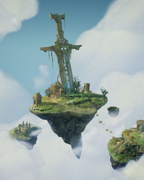 ArtStation - Sword among the clouds Floating Island Concept Art, Flying Island Art, Floating Islands Fantasy Art City, Castle On Floating Island, Floating Islands Fantasy Art Space, Art Station, Zbrush, Statue Of Liberty, Creative Art