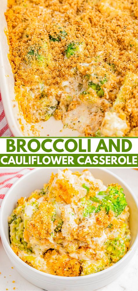 Broccoli Cauliflower Casserole - Averie Cooks Easy Casserole Recipe, Broccoli Cauliflower Casserole, Cauliflower Casserole Recipes, Parmesan Cheese Sauce, Broccoli And Cauliflower, Easy Vegetable Side Dishes, Averie Cooks, Holiday Side Dish, More Veggies