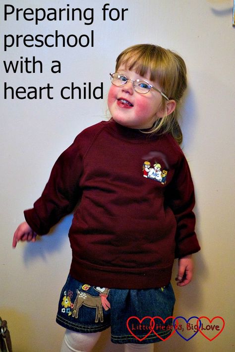 Jessica in her preschool uniform - "Preparing for preschool with a heart child" Preschool Uniform, Chd Mom, Coarctation Of The Aorta, Chd Babies, Starting Preschool, Chd Warrior, Chd Heart, Congenital Heart Defect Awareness, Heart Warrior